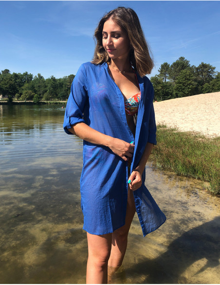 Long beach shirt transparent fabric for summer plain blue