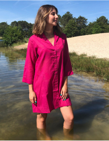 Chemise longue de plage tissu transparent pour l'été unie rose framboise