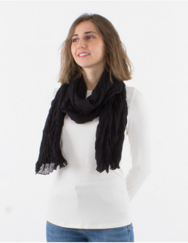 Basic black summer scarf in crumpled fabric for women