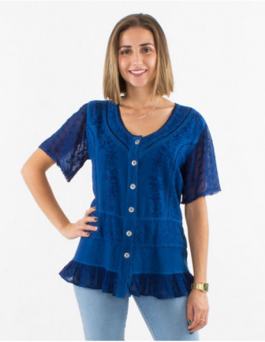 Chic short sleeve plain shirt with embroidery and lace sexy navy blue