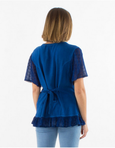 Tie back plain shirt with embroidery and sexy lace navy blue