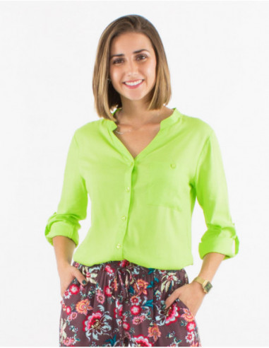Women's button-down shirt with 3/4 adjustable sleeves, solid color, anise green