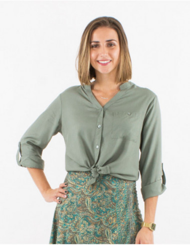 Women's button-down shirt with 3/4 adjustable sleeves, solid color, khaki green