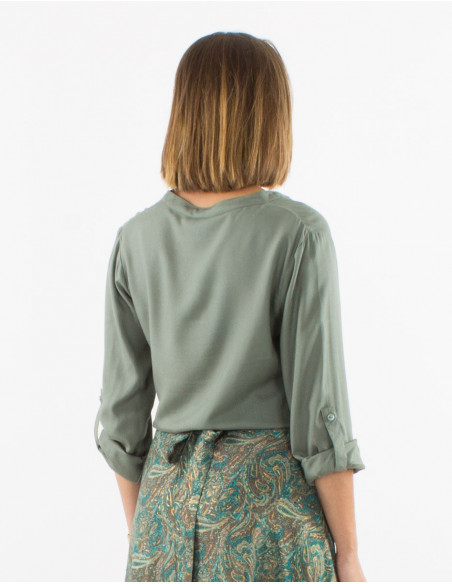 Chemise manches 3/4 réglables d'été pour femme basique uni vert kaki