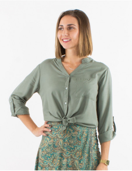 Women's button-down shirt with 3/4 adjustable sleeves, solid color, khaki green