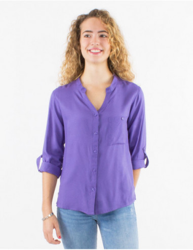 Women's button-down shirt with 3/4 adjustable sleeves, solid color, lavander