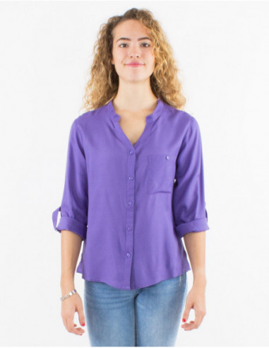 Chemise unie violet à boutons effet bois manches 3/4 réglables col V pour femme