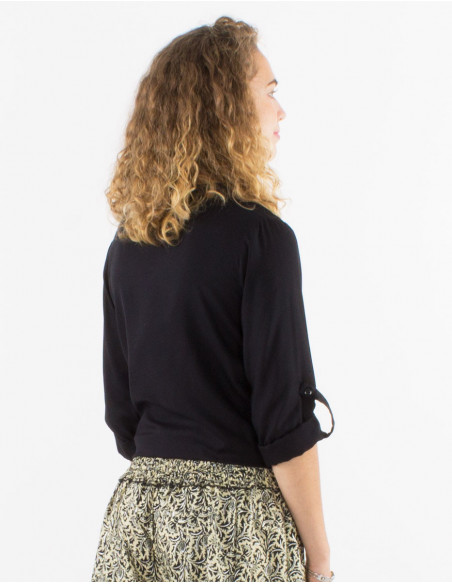 3/4 sleeves adjustable summer shirt for women basic plain black