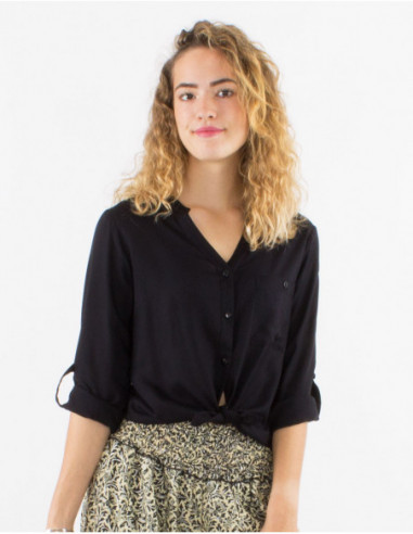 Chemise unie noir à boutons effet bois manches 3/4 réglables col V pour femme