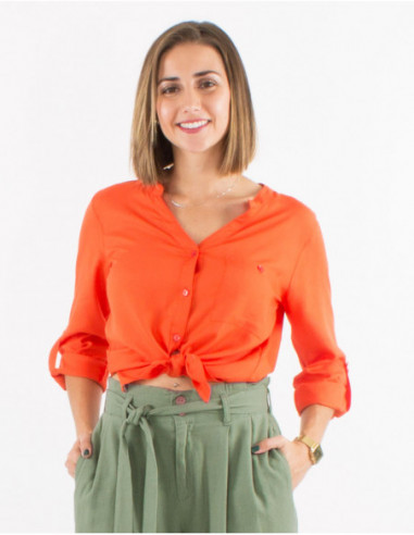 Women's button-down shirt with 3/4 adjustable sleeves, solid color, orange