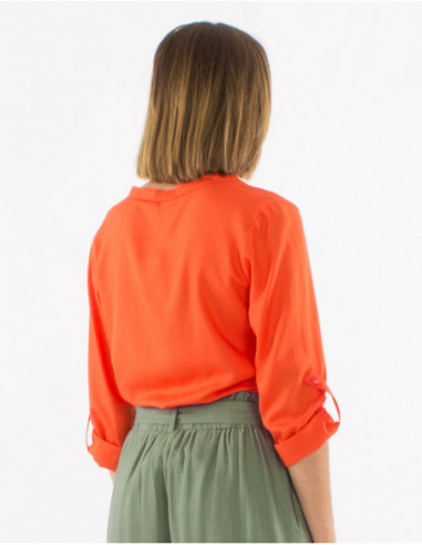 Chemise manches 3/4 réglables d'été pour femme basique uni orange corail