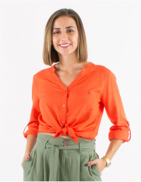 Women's button-down shirt with 3/4 adjustable sleeves, solid color, orange