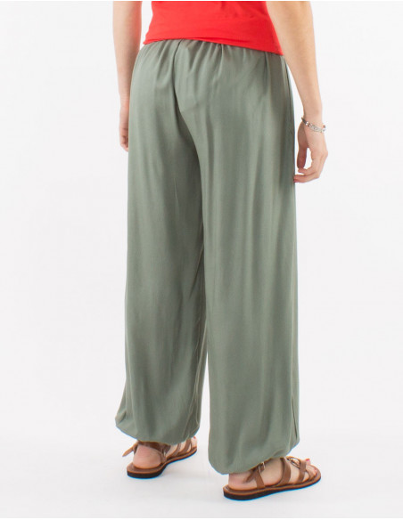 Pantalon fluide style aladin en coton uni vert kaki