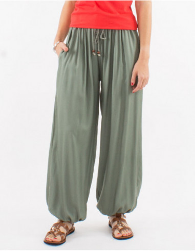 Pantalon fluide style aladin en coton uni vert kaki pour femme
