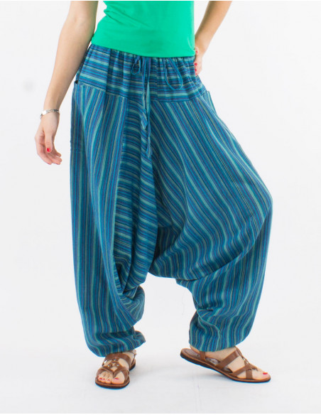 sarouel ethnique rayé en coton à fourche basse turquoise