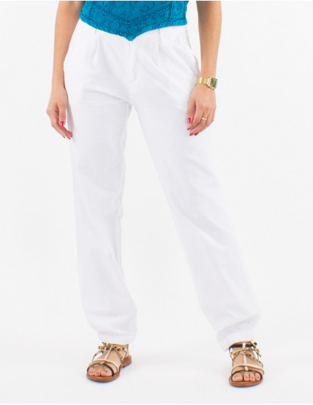 Pantalon droit d'été pour femme uni en coton blanc