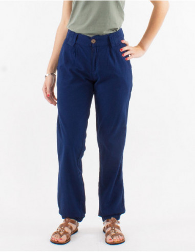 Pantalon en coton coupe droite pour l'été uni bleu émeraude