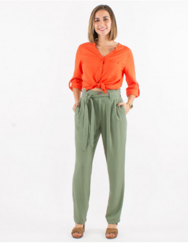 Women's khaki water green linen and viscose straight pants with two front pockets and tie belt