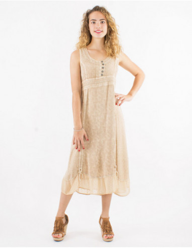 Robe midi femme originale en stone wash avec broderies beige