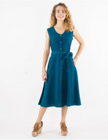 Robe vintage midi unie basique bleu pétrole