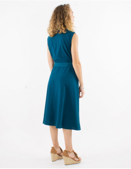 Basic petrol blue sleeveless dress with buttons