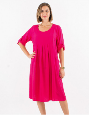 Robe courte basique unie rose fuchsia avec manches courtes et poches avant