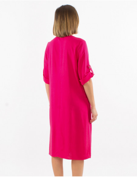 Robe basique courtes à manches courtes rose fuchsia avec lin et col rond