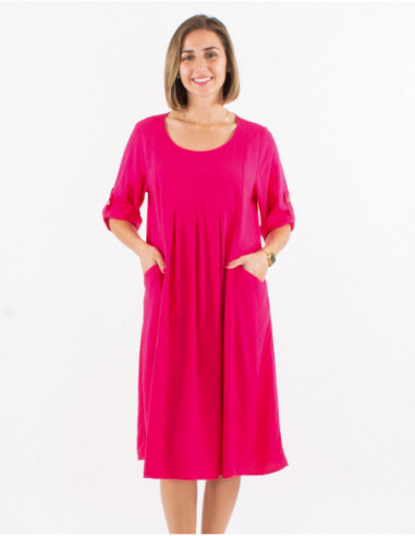 Robe courte femme avec fronces à l'avant et manches 3/4 couleur unie rose fuchsia