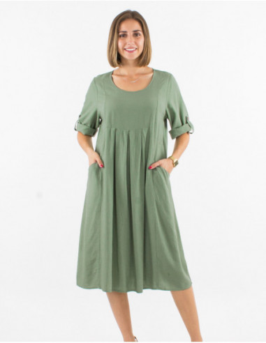 Basic short dress in water green with short sleeves and front pockets