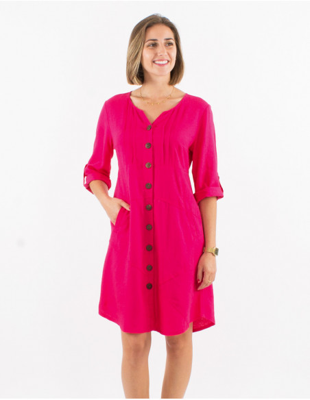 Robe courte à manches 3/4 boutonnée à l'avant couleur rose fuchsia