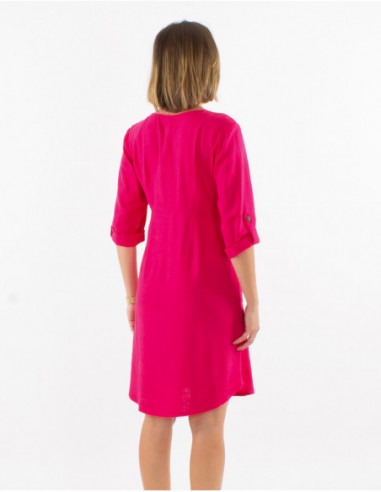 Robe femme à manches 3/4 avec revers et boutons à l'avant unie rose fuchsia