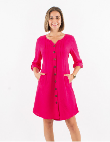 Petite robe avec lin à manches 3/4 et boutons unie rose