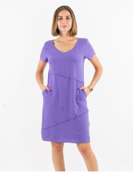 Robe courte à manches courtes simple et chic à col V couleur violet lavande