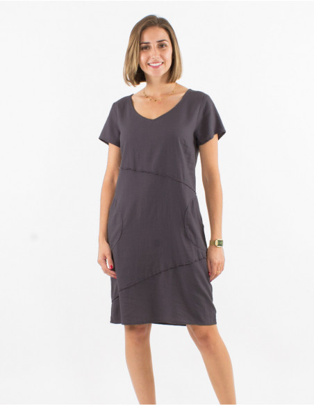 Simple and chic short sleeve V-neck dress in grey
