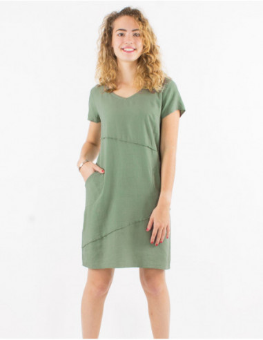 Basic short straight dress with plain v-neck in water green