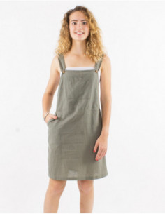 Basic women's flared dress with thin straps in basic plain khaki green linen