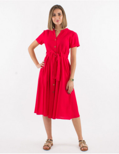 Women's summer calf length dress with buttons and pockets short sleeves chic pink fuchsia