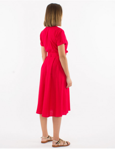 Robe longueur mollet coupe patineuse avec ceinture à boutons basique chic unie rose fuchsia