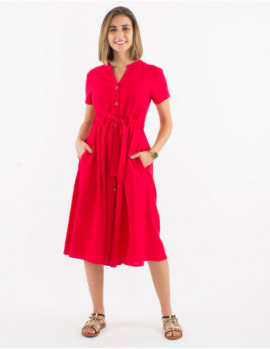Robe longue effet bohème unie rose boutonnée avec ceinture à nouer pour femme