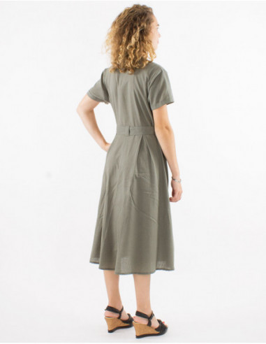 Calf-length skater dress with button belt basic chic plain khaki green