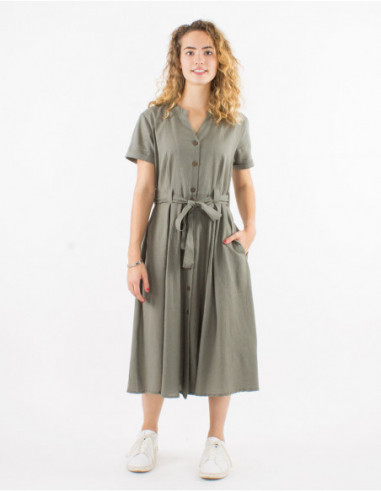 Bohemian effect long dress with khaki green buttoned belt for women