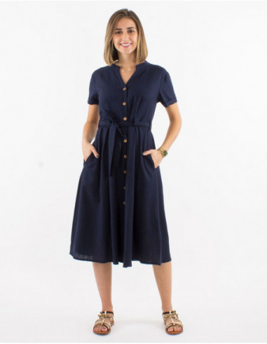 Women's summer calf length dress with buttons and pockets short sleeves chic navy blue