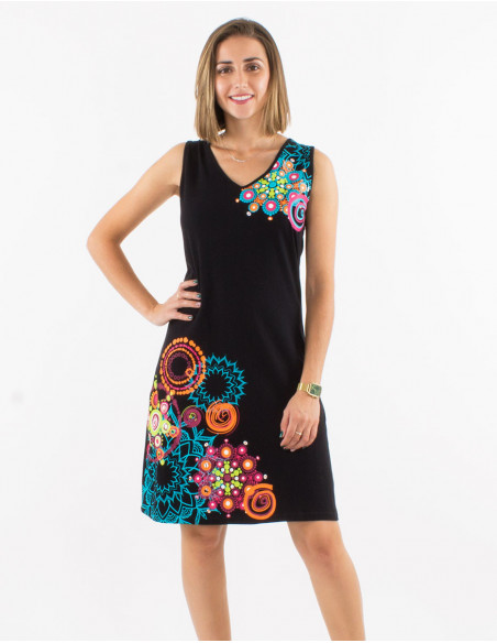 Robe courte sans manches en coton noir à imprimé baba cool rosaces bariolées