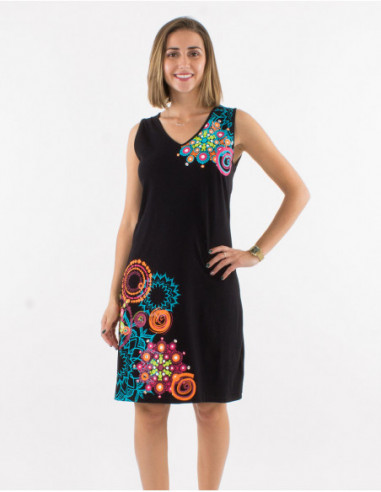 Short black cotton sleeveless dress with colorful baba cool patterns