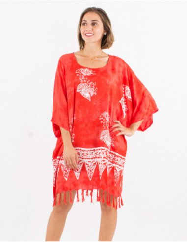 tunique de plage rouge à franges avec motifs blancs