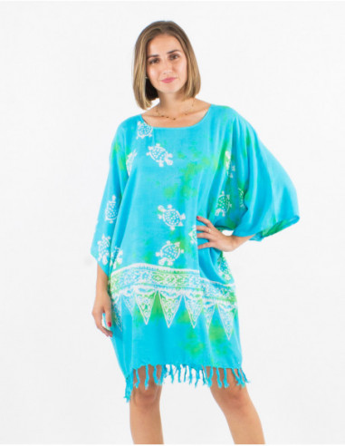 tunique de plage vert à franges avec motifs blancs