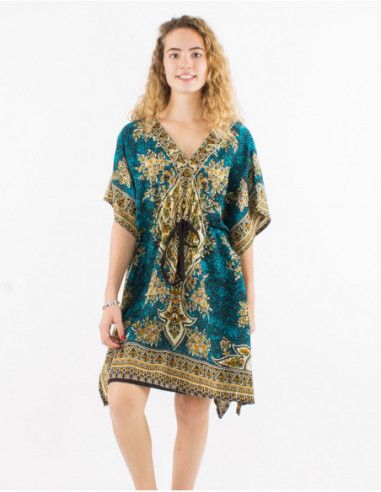 Original baba cool short dress with turquoise blue baroque print
