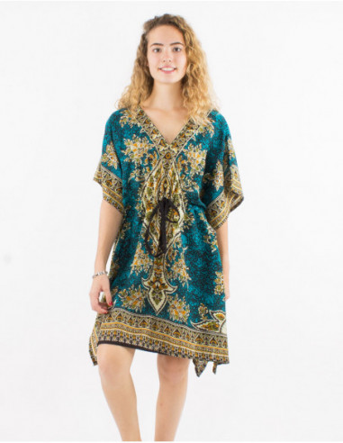 Robe courte originale baba cool à imprimé baroque bleu turquoise