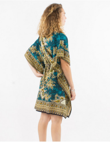 Back of riginal baba cool short dress with turquoise blue baroque print