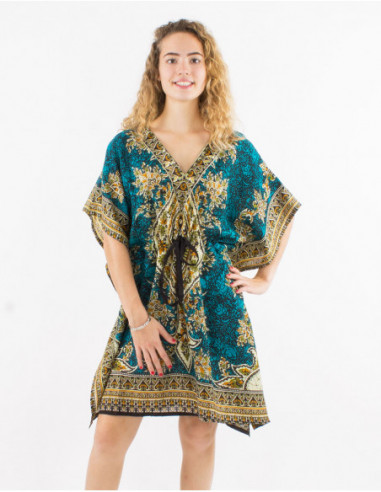 Turquoise blue ethnic baroque print short dress for the beach